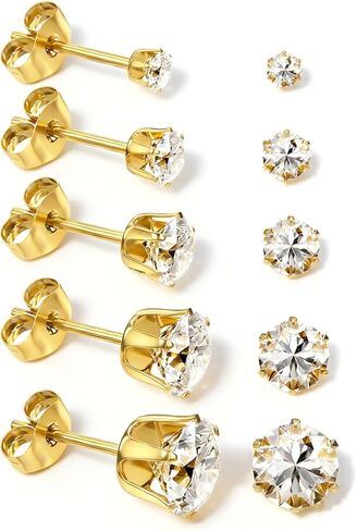 5 Pairs Stainless Steel Stud Earrings Set Silver 14K Gold Plated Stud Earrings 316L Hypoallergenic Cubic Zirconia CZ Earring for Women 3-7 mm in Saudi Arabia