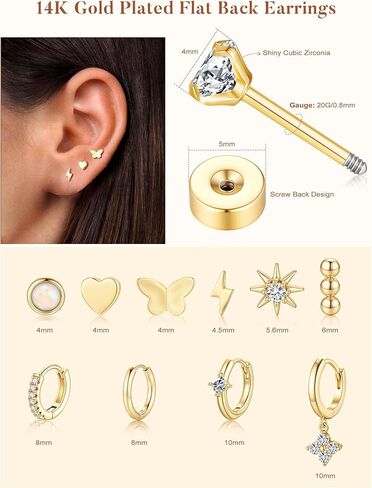 Turandoss 14 Pairs Hypoallergenic Flat Back Earrings for Women, 14K Gold Plated Stud & Hoop Earrings, Dainty Cartilage Earring Stack Set for Multiple Piercing Jewelry in Saudi Arabia