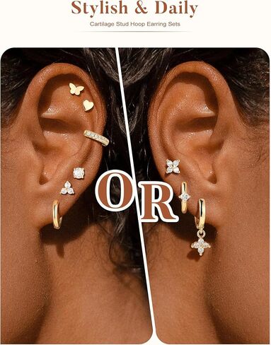 Turandoss 14 Pairs Hypoallergenic Flat Back Earrings for Women, 14K Gold Plated Stud & Hoop Earrings, Dainty Cartilage Earring Stack Set for Multiple Piercing Jewelry in Saudi Arabia