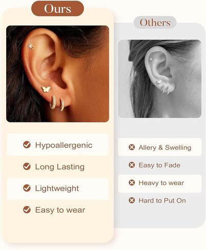 Turandoss 14 Pairs Hypoallergenic Flat Back Earrings for Women, 14K Gold Plated Stud & Hoop Earrings, Dainty Cartilage Earring Stack Set for Multiple Piercing Jewelry in Saudi Arabia