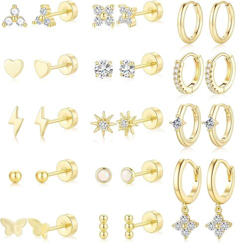 Turandoss 14 Pairs Hypoallergenic Flat Back Earrings for Women, 14K Gold Plated Stud & Hoop Earrings, Dainty Cartilage Earring Stack Set for Multiple Piercing Jewelry in Saudi Arabia