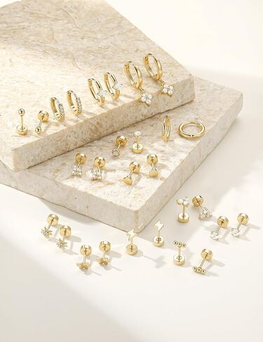 Turandoss 14 Pairs Hypoallergenic Flat Back Earrings for Women, 14K Gold Plated Stud & Hoop Earrings, Dainty Cartilage Earring Stack Set for Multiple Piercing Jewelry in Saudi Arabia