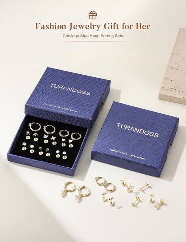 Turandoss 14 Pairs Hypoallergenic Flat Back Earrings for Women, 14K Gold Plated Stud & Hoop Earrings, Dainty Cartilage Earring Stack Set for Multiple Piercing Jewelry in Saudi Arabia