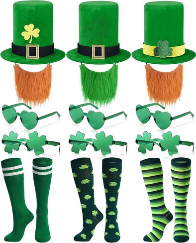 18 Pcs St. Patrick's Day Costume Accessories Set, Green Irish Party Hats Shamrock Glasses Socks Hairpins for Adults in Saudi Arabia