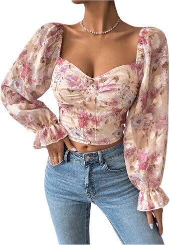 Floerns Women's Coquette Floral Off The Shoulder Blouse Lantern Sleeve Fitted Crop Tops in Saudi Arabia