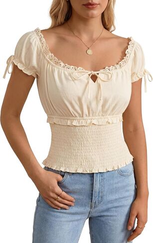 Scarlet Darkness Renaissance Peasant Blouse for Women Square Neck Short Sleeve Smocked Waist Tops in Saudi Arabia