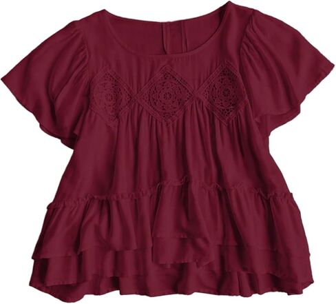 Floerns Women's Summer Short Sleeve Blouses Layered Ruffle Dressy Casual Babydoll Tops in Saudi Arabia