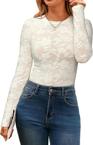 Glamaker Womens Mesh Long Sleeve Tops Lace See Through Sexy Crew Neck Eyelet Shirts Party Floral Club Dressy Blouse in Saudi Arabia