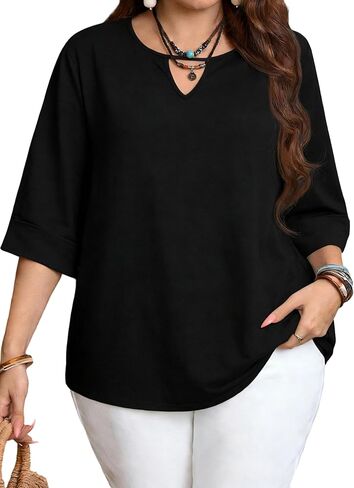 NANYUAYA Womens Plus Size Tops 3/4 Sleeve V Neck Casual Dressy Shirt Loose Fit Tunic Trendy Keyhole Blouse 1X-5X in Kuwait