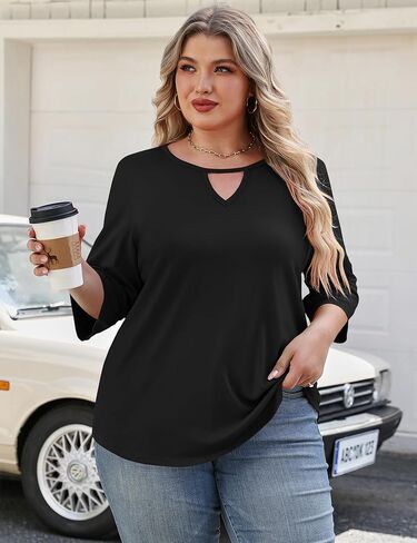 NANYUAYA Womens Plus Size Tops 3/4 Sleeve V Neck Casual Dressy Shirt Loose Fit Tunic Trendy Keyhole Blouse 1X-5X in Kuwait