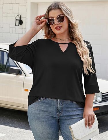 NANYUAYA Womens Plus Size Tops 3/4 Sleeve V Neck Casual Dressy Shirt Loose Fit Tunic Trendy Keyhole Blouse 1X-5X in Kuwait