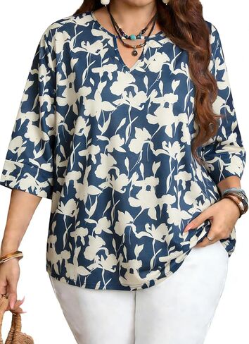 NANYUAYA Womens Plus Size Tops 3/4 Sleeve V Neck Casual Dressy Shirt Loose Fit Tunic Trendy Keyhole Blouse 1X-5X in Kuwait