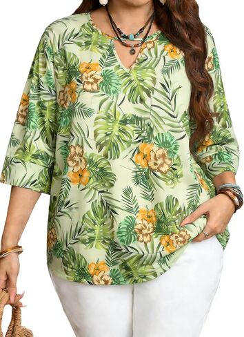 NANYUAYA Womens Plus Size Tops 3/4 Sleeve V Neck Casual Dressy Shirt Loose Fit Tunic Trendy Keyhole Blouse 1X-5X in Kuwait