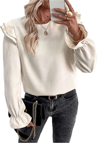 Women's Elegant Ruffle Blouses Crew Neck Long Sleeve Shirts Fall Outfits Dressy Tops in Saudi Arabia