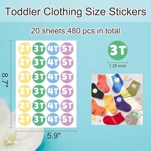 480 PCS Toddler Clothing Size Stickers, 1.25" Circle Sizing Sticker Labels for Toddler Clothing, Color-Coding Size Organizer Sticker for Children's Apparel Retail Store in Kuwait