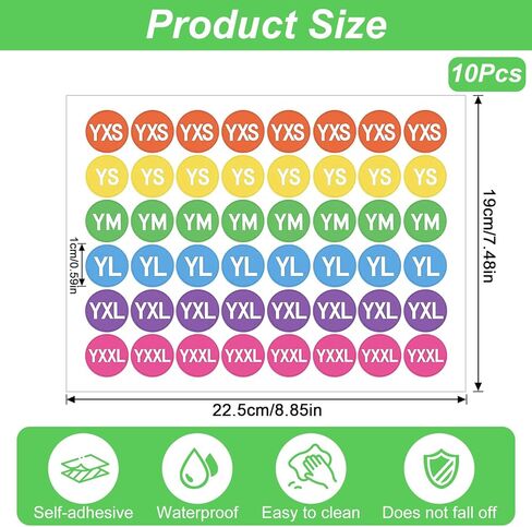 480 PCS Youth Clothing Size Stickers Round, 0.6" Circle Adhesive Clothing Size Labels, Colorful Coding T-Shirt Apparel Sizes Organizer Sticker for Retail Shop Shoe, 6 Sizes (YXS YS YM YL YXL YXXL) in Saudi Arabia