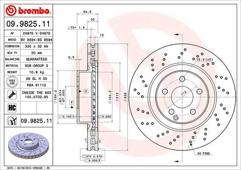 Brembo 09.9825.11 UV Coated vented drilled Front Brake Rotor MERCEDES-BENZ/MERCEDES-BENZ (BBDC) OE# A2304210812 in Saudi Arabia