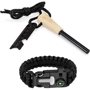 Fire Starter Survival Kit Ferro Rod Flint and Steel Striker Waterproof Magnesium Farrow Rod Tool & Firestarter for Campfires with Bracelet Multi-Tool