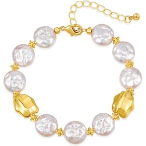 WOWORAMA Baroque Pearl Bracelets for Women Simulated Flat Shell Pearl Bracelets Dainty Irregular Gold Beads Pearl Bracelets Adjustable Size