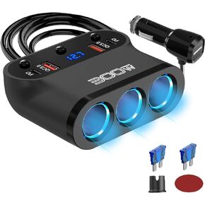 Cigarette Lighter Splitter Adapter 300W: Car 12v Splitter 3 Socket Car Charger Extension Dual PD USB C and 18W QC Ports 12Volt Power Outlet with Button Switch LED Voltmeter for GPS Dash Cam Car Heater