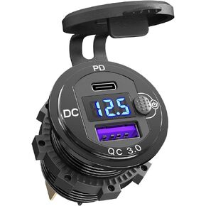 12V USB Outlet Qidoe 38W Dual USB Quick Charge 3.0 with Voltmeter Switch Aluminum Car Charger for Marine Car Truck Motorcycle Boat