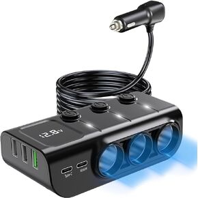 LIHAN Cigarette Lighter Splitter, 3 Socket Car Charger Adapter,Type-C QC3.0 PD36W Dual USB Charging Ports,Car 12V/24V Plug Outlet with Independent Switches,LED Voltmeter(3.3FT Cable)