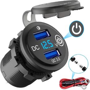 Quick Charge 3.0 12V USB Outlet, 36W Dual USB Car Charger Socket with Power Switch LED Voltmeter, Waterproof Marine Cigarette Lighter Adapter for Car Boat Motorcycle RV ATV etc.