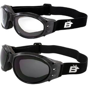Birdz Eyewear Bald Eagle Padded Motorcycle Riding Safety Goggles Black w/Clear & Smoke Lenses Dirt Bikes ATV Skydiving