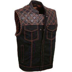 Milwaukee Leather MDM3037 Men's 'Wrecker' Black Denim and Leather Club Style Vest w/Diamond Quilt Design