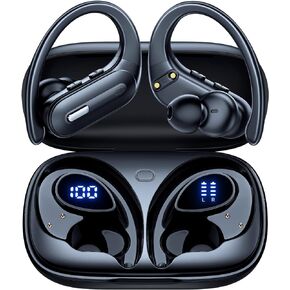 Bluetooth Headphones Wireless Earbuds 90 Hrs Playtime Earbuds with Wireless Charging Case Power Display Over-ear Earphones with Earhooks Waterproof Stereo Headset for Android phone Workout White