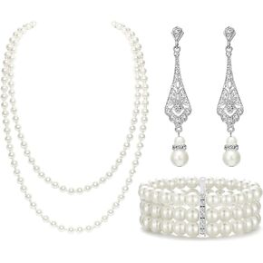 BABEYOND Long Pearl Necklace Earring Set - Faux Pearl Necklace for Women 1920s Gatsby Costume Jewelry Bracelet Set