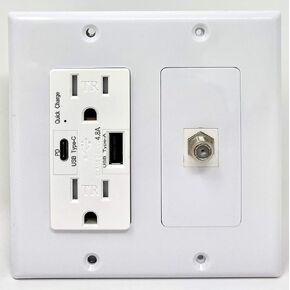 RiteAV - 15 Amp Power Outlet and 1 Port Coax Cable TV- F-Type Decorative Type Wall Plate - White