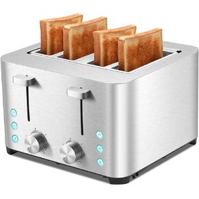 Kikiwell Toaster 4 Slice, Stainless Steel Bread Toasters, Extra Wide Slots, 6 Bread Shade Settings, Bagel/Defrost/Cancel Function, Removable Crumb Tray, 120V/1500W (4 Slice)