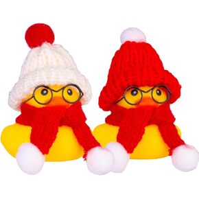 CoFuBcad Car Rubber Ducks Dashboard Decoration 2 Pack Winter Ducks Car Ornaments Accessories with Mini Beanie Hats, Necklaces and Sunglasses(F9)