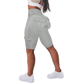 Flamingals Butt Lifting Biker Shorts for Women High Waist with Flap Pocket Workout Shorts Running Shorts Light Gray M