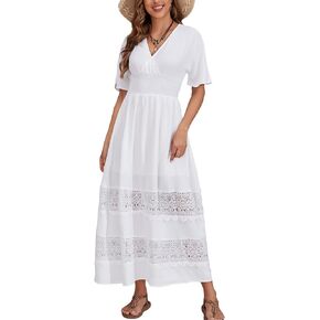 S. Adriana Boho Maxi Dress for Women 2024 Summer V Neck Lace Wedding Guest Dress Smocked Waist Bohemian Long Flowy Dresses
