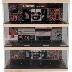 kivcmds 1:64 Scale 4-Tiers Vehicle Model Display Case for Sports Car and Lego Model Collectors, Display Stand for Alloy Car Model Toy with Parking Lot Scene (4-Tiers Auto Repair Store Scene)