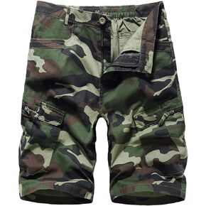 Lilychan Men's Cotton Camo Cargo Shorts Elastic Waist Relaxed Fit Multi-Pockets Casual Outdoor Lightweight Work Shorts