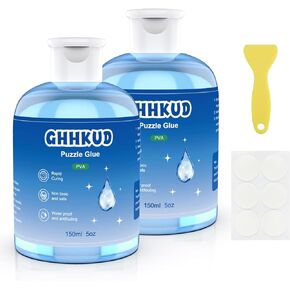 غراء أحجية الصور المقطوعة من GHHKUD، غراء أحجية 450 مل شفاف مع فرش توزيع لخشب ورق الألغاز، استبدل مانع تسرب حفظ الألغاز لأكثر من آلاف قطع من أدوات إكسسوارات أوراق صمغ الألغاز (أزرق)