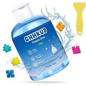غراء أحجية الصور المقطوعة من GHHKUD، غراء أحجية 450 مل شفاف مع فرش توزيع لخشب ورق الألغاز، استبدل مانع تسرب حفظ الألغاز لأكثر من آلاف قطع من أدوات إكسسوارات أوراق صمغ الألغاز (أزرق)