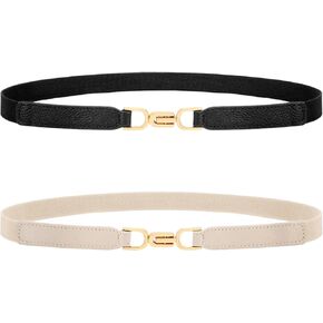 XZQTIVE Women Stretchy Skinny Belt for Dresses Thin Retro Elastic Waist Belt with Gold Buckle for Plus Size Ladies Set of 2