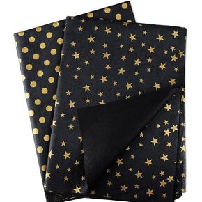 MR FIVE 60 Sheets Black and Gold Tissue Paper Bulk,20" x 14",Black Tissue Paper for Gift Bags,DIY and Crafts,Gold Star Gold Polka Dot Gift Tissue Paper for Graduation,Birthday,Holiday