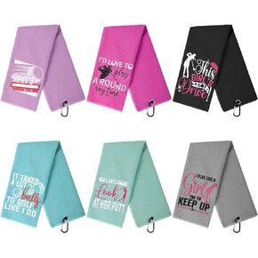 Hosuly 6 Pcs Embroidered Funny Golf Towel with Clip Golf Gifts for Girl Golf Bag Accessories for Balls Women Mom Wife Girlfriend Club Fan Birthday Gift, 6 Colors