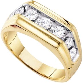 10k Yellow and White Two 2 Tone Gold Large Seven 7 Stone Classic Channel Set Round Cut Mens Diamond Wedding Ring Band 9mm (1.0 cttw)