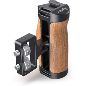 SMALLRIG Wooden Mini Handle Side Handgrip with 1/4"-20 Screws for Mirrorless Digital Camera DSLR Camera Small Camera Cage with Cold Shoe Mount Built-in Wrench, Up and Down Adjustable - 2913