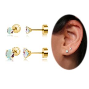 Flat Back Earrings Small Screw Back Earrings for Women Girls Toddlers, Titanium Nap Cubic Zirconia Earrings Stud Set, Helix Cartilage Tragus Piercing Jewelry (Gold, 2 Pairs Pearl Stud)