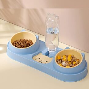 Triple Cat Bowls for Food and Water, Plastic Raised Cat Dishes, Automatic Water Bottle 3 in 1 Pet Bowls 2 Food Bowls and Water Feeder Set Wet Dry Food Bowl Set for Cats Puppy Small Dogs (Light Blue)
