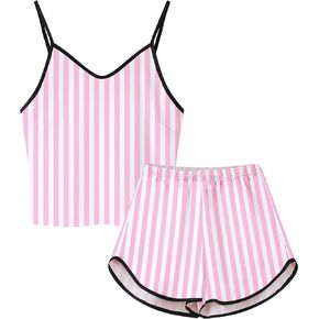 Schbbbta Girls Silk Satin Pajamas Set Camisole Stripe Sleepwear 2 Piece Pjs, Pink Stripe, 7-8 Years = Tag 140