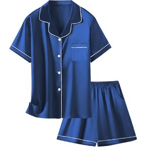 طقم بيجامات أطفال من Schbbbta من الساتان للفتيات بأزرار سفلية وأكمام قصيرة من الحرير أطقم ملابس نوم، كحلي، 13-14 سنة = علامة 170 in Kuwait