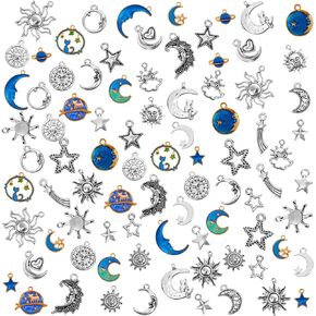 WILLBOND 108 Pieces Jewelry Charms, Mixed Antique Silver Sun Stars Moon Charms Pendants, Assorted Gold Plated Enamel Cat Moon Star Celestial Charm Pendant for Earrings Necklace Jewelry Crafting